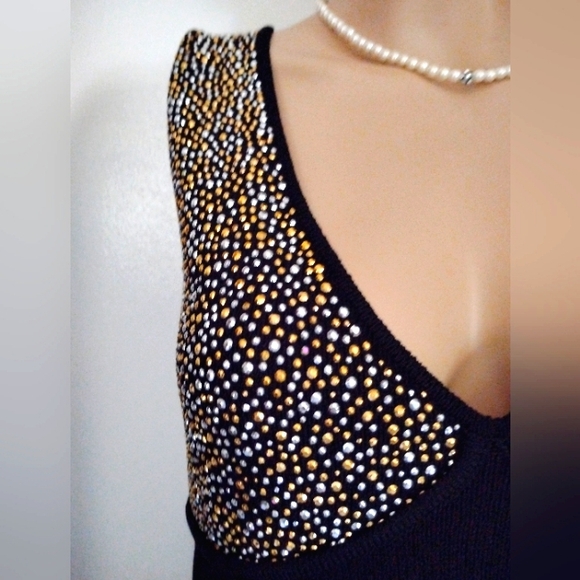 SALE! ST JOHN EVENING 10 HUNDREDS SILVER & GOLD CRYSTAL BLACK SANTANA KNIT DRESS - Picture 3 of 5